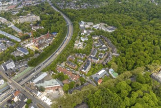 Aerial view, construction site multi-family houses Manfredstraße at the motorway A52, industrial