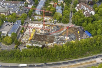 Aerial view, construction site multi-family houses Manfredstraße at the motorway A52,