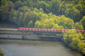 Aerial view, river Ruhr and suburban railway on the railway bridge Kettwig, Kettwig, Essen, Ruhr