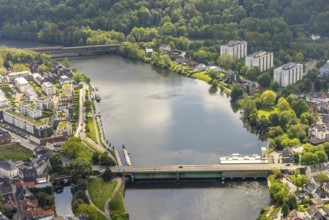 Aerial view, river Ruhr, Kratfwerk and lock at the Ruhr bridge Kettwig and railway bridge Kettwig,