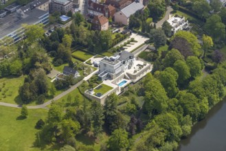 Aerial view, Villa Scheidt am Leinpfad, river Ruhr, Kettwig, Essen, Ruhr area, North