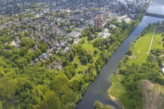 Aerial view, Villa Scheidt am Leinpfad, river Ruhr, Theodor-Heuss-Gymnasium, catholic parish church