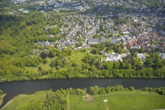 Aerial view, park at the Villa Scheidt on the towpath, river Ruhr, Theodor-Heuss-Gymnasium,