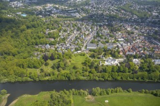 Aerial view, Villa Scheidt am Leinpfad, river Ruhr, Theodor-Heuss-Gymnasium, catholic parish church
