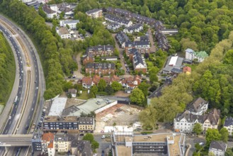 Aerial view, residential area Rüttenscheider Straße and Gustav-Streich-Straße at the motorway A52,