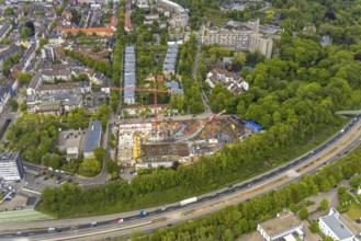 Aerial view, construction site multi-family houses Manfredstraße at the motorway A52,