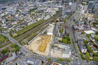 Aerial view, construction area for new literature quarter, demolition work former newspaper
