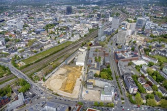 Aerial view, construction area for new literature quarter, demolition work former newspaper