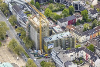 Aerial view, construction site, new building complex with residential tower and senior citizens'