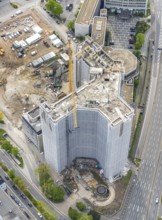 Aerial view, demolition of the Ypsilon-Haus of the RWE headquarters Essen in Huyssenallee, planned