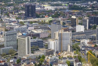 Aerial view, demolition of the Ypsilon-Haus of the RWE headquarters Essen in Huyssenallee, planned