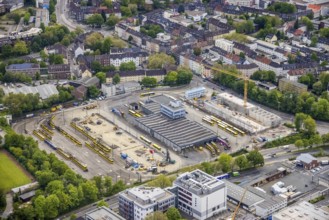 Aerial view, construction site of new hall at Ruhrbahn GmbH depot, Ostviertel, Essen, Ruhr area,