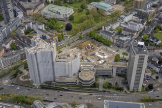 Aerial view, demolition of Ypsilon-Haus of RWE headquarters Essen in Huyssenallee, planned new