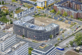 Aerial view, construction site and new office building on the corner of Frohnhauser Straße and