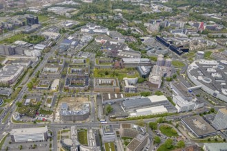 Aerial view, construction site and new office building on the corner of Frohnhauser Straße and