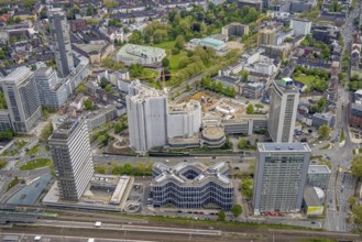 Aerial view, demolition of Ypsilon-Haus of RWE headquarters Essen in Huyssenallee, planned new
