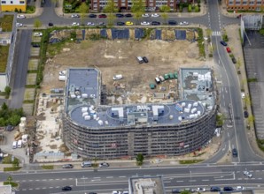 Aerial view, construction site and new office building on the corner of Frohnhauser Straße and