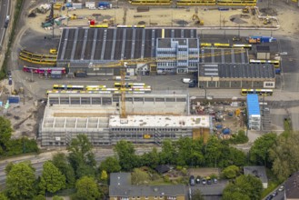 Aerial view, construction site, new hall construction Ruhrbahn depot, Ostviertel, Essen, Ruhr area,