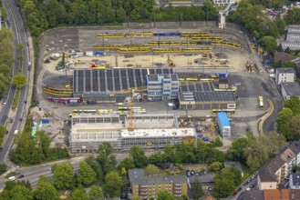 Aerial view, construction site, new hall construction Ruhrbahn depot, Ostviertel, Essen, Ruhr area,