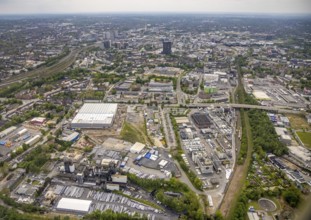 Aerial view, new forwarding building and construction site at the corner of Burggrafenstraße and