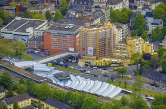 Aerial photo, construction site Kaiser-Otto-Residenz Essen, railway and bus station Steeler Platz,