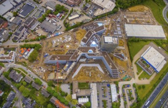Aerial view, new construction and construction site ALDI-Nord Campus, in A-form, Eckenbergstraße,