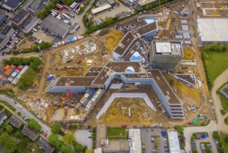 Aerial view, new construction and construction site ALDI-Nord Campus, in A-form, Eckenbergstraße,