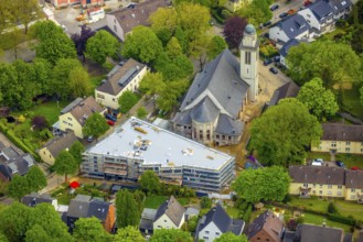 Aerial view, construction site and new building for flats in and at the former St. Marienkirche,