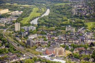 Aerial view, local view Steele and river Ruhr, construction site Kaiser-Otto-Residenz Essen,