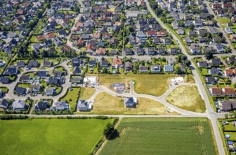 Aerial view, construction site and new construction of residential buildings on Ruhner Weg, Bremen,