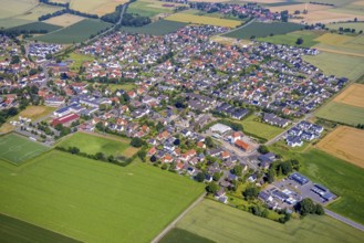 Aerial view, meadows and fields with local view Bremen, Ense, Sauerland, North Rhine-Westphalia,