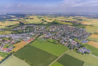 Aerial view, meadows and fields with local view Bremen, Ense, Sauerland, North Rhine-Westphalia,