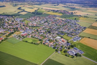 Aerial view, meadows and fields with local view Bremen, Ense, Sauerland, North Rhine-Westphalia,