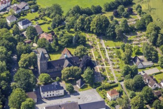 Aerial view, Church of St. Bernhard and cemetery in Niederense, Ense, Sauerland, North