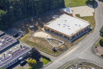 Aerial view, industrial park Höingen, construction site for new kindergarten, Höingen, Ense,