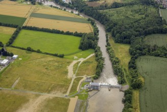 Aerial photo, Ruhr flood, barrage Ense Wickede, flood after heavy rainfall, Waltringen, Ense,