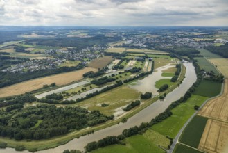 Aerial photo, Ruhr flood, barrage Ense Wickede, flood after heavy rainfall, Waltringen, Ense,