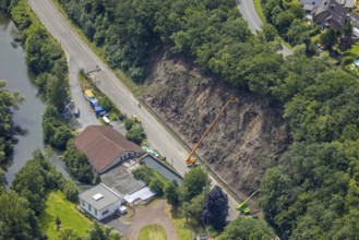 Aerial view, flood after heavy rainfall, Niederense, Ense, Sauerland, North Rhine-Westphalia,