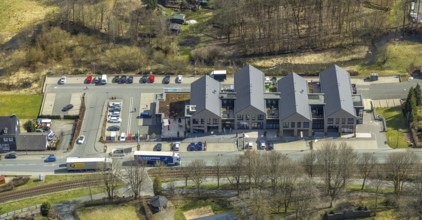 Aerial view, shopping centre on the B62, Erndtebrück, Siegerland, North Rhine-Westphalia, Germany,