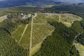 Aerial view, forest damage in restricted military area, radar dome and radar station on Ebschloh