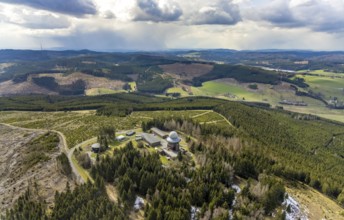 Aerial view, forest damage in a restricted military area, radar dome and radar station on Mount