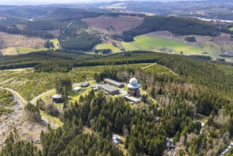 Aerial view, forest damage in a restricted military area, radar dome and radar station on Mount