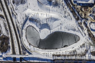 Aerial view, pond in snow-covered Krupp Park, Westviertel, Essen, Ruhr area, North