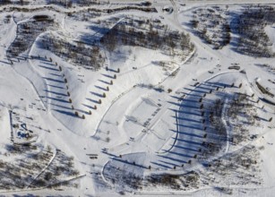 Aerial view, shadow play in snow-covered Krupp Park, Westviertel, Essen, Ruhr area, North