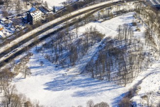 Aerial view, trees in the snow. in Volkspark, Essen-Bochold, Essen, Ruhr area, North