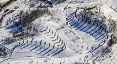 Aerial view, shadow play in snow-covered Krupp Park, Altendorf, Essen, Ruhr area, North