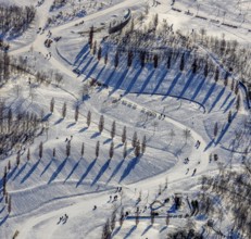 Aerial view, shadow play in snow-covered Krupp Park, Essen-Bochold, Essen, Ruhr area, North