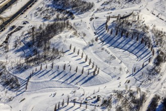 Aerial view, shadow play in snow-covered Krupp Park, Altendorf, Essen, Ruhr area, North