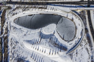 Aerial view, pond in snow-covered Krupp Park, Westviertel, Essen, Ruhr area, North
