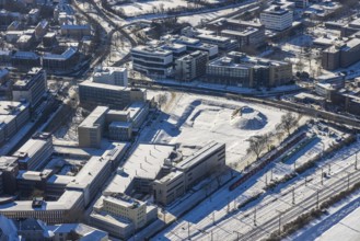 Aerial view, construction area new literature quarter, demolition work former newspaper quarter,